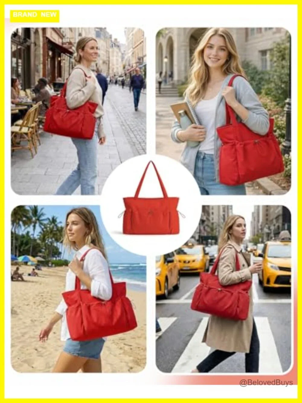 Large Quilted Nylon Tote Bag, 20L, Lightweight, 2 Bottle Pockets, Travel, School